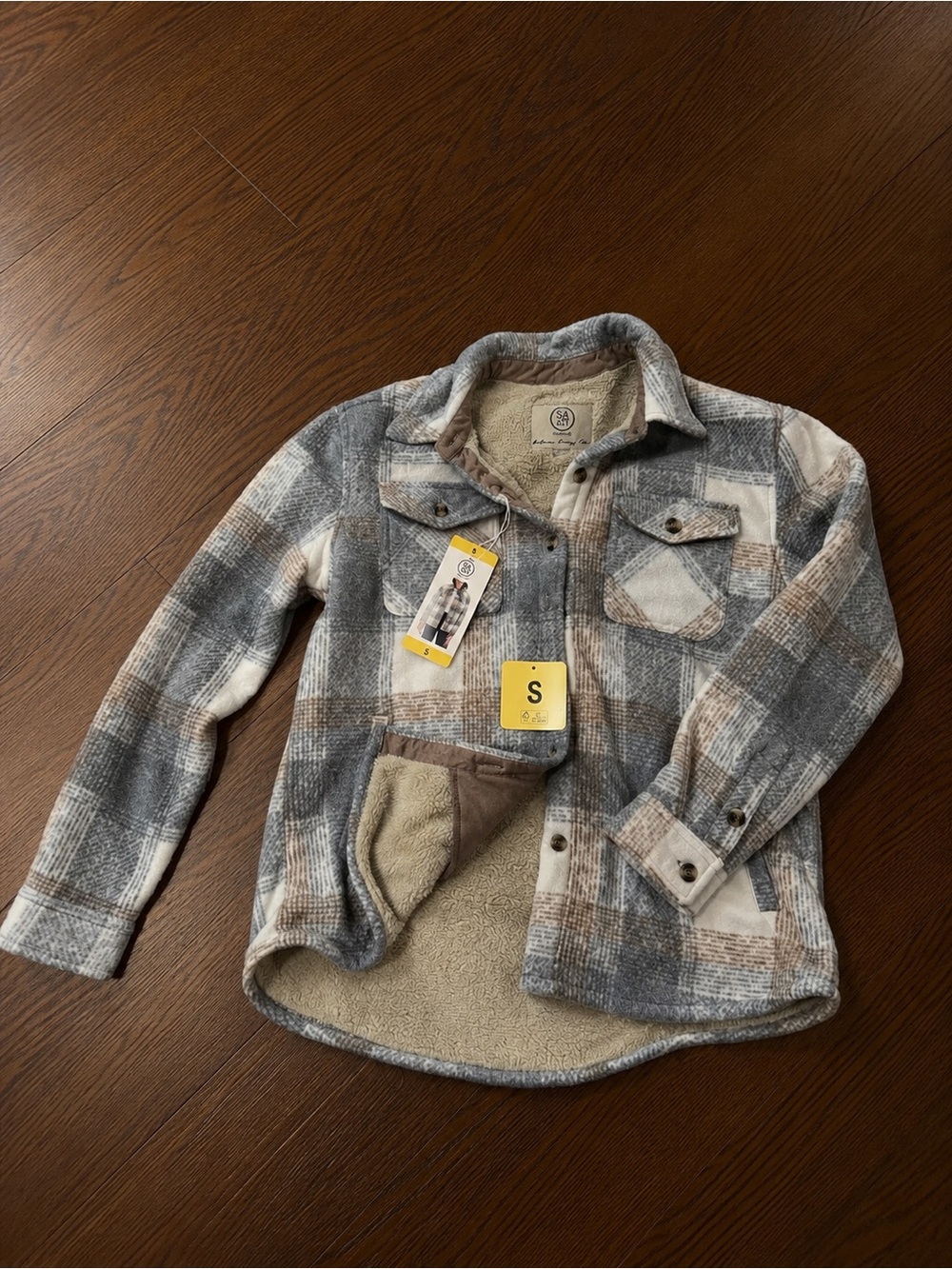 Cozy Plaid Sherpa-Lined Shacket - Gray & Tan Sz S